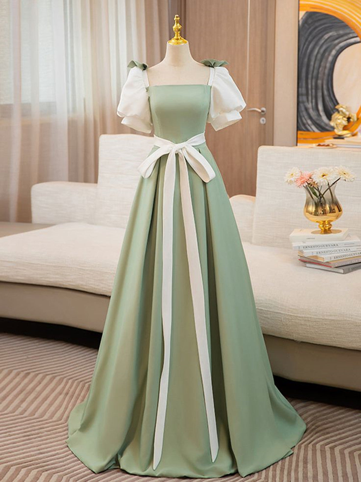 Green and White Satin Long Party Dress Prom Dress, Short Sleeves Formal Dress