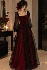 Black and Red Gothic Long Sleeves A-line Prom Dress, Simple Floor Length Evening Gown