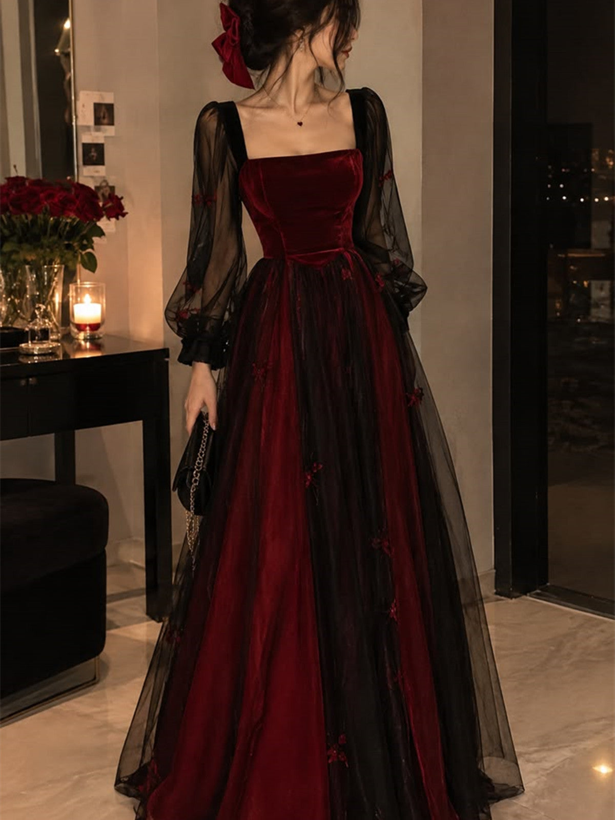 Black and Red Gothic Long Sleeves A-line Prom Dress, Simple Floor Length Evening Gown