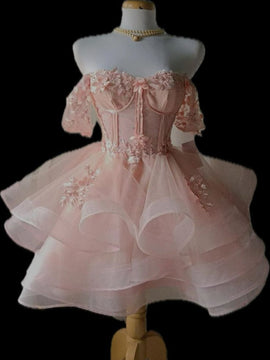 Pink Tulle Sweetheart Short Sleeves Knee Length Party Dress, Pink Homecoming Dress