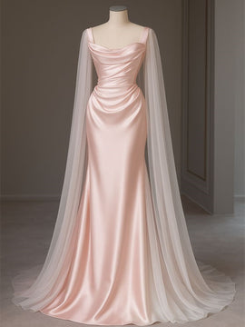 Lovely Pink Satin Mermaid Long Party Dress with Tulle, Pink Satin Floor Length Prom Dress
