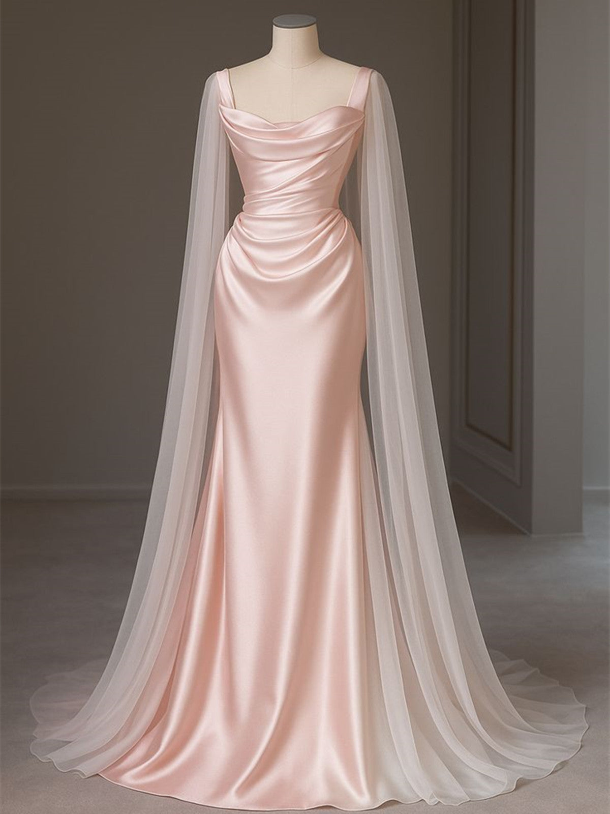 Lovely Pink Satin Mermaid Long Party Dress with Tulle, Pink Satin Floor Length Prom Dress