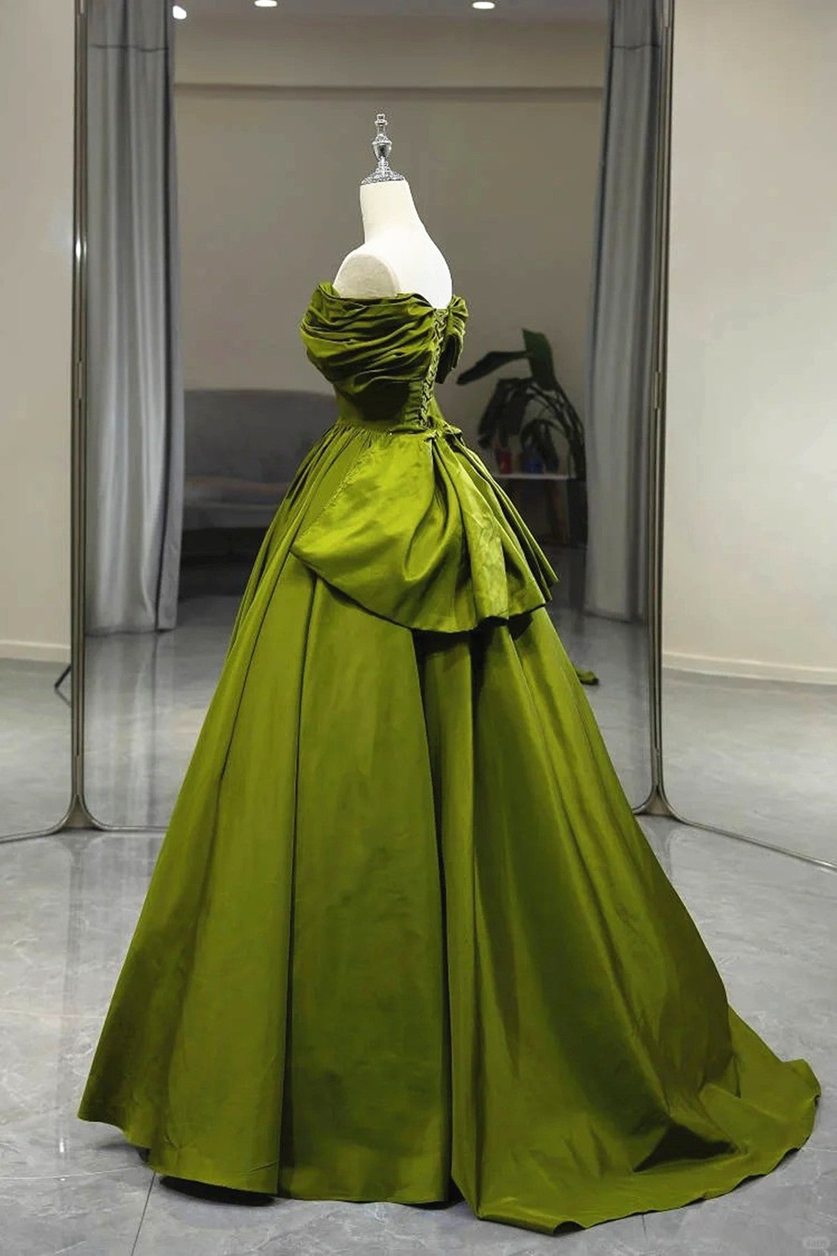 Green Satin Sweetheart Off Shoulder Prom Dress, Green Long Evening Dress