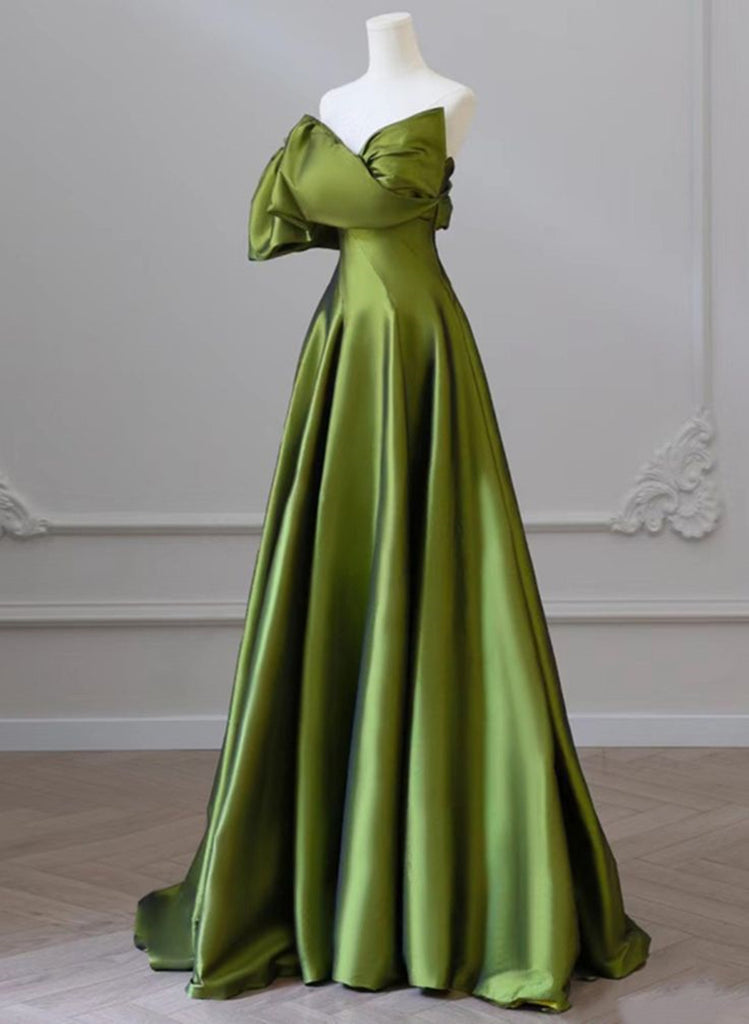 Green Satin Long One Shoulder Party Dress, Green A-line Satin Prom Dre