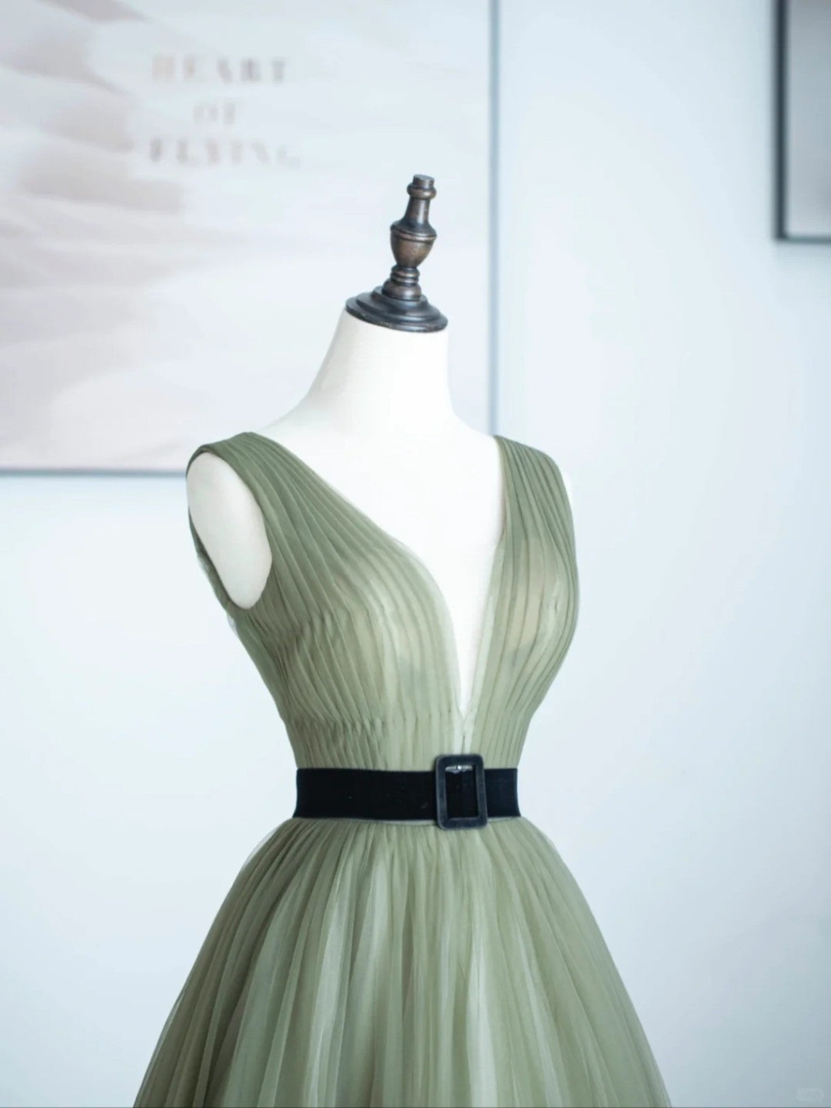 A-line Light Green V-neckline Tulle Long Prom Dress, Light Green Party Dress