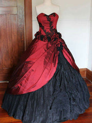 Red and Black Taffeta Sweetheart Strapless Ruffles Prom Dress, Long Formal Gowns