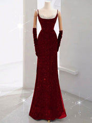 Wine Red Sequins Mermaid Straps Long Formal Dress, Wine Red Beaded Prom Dress