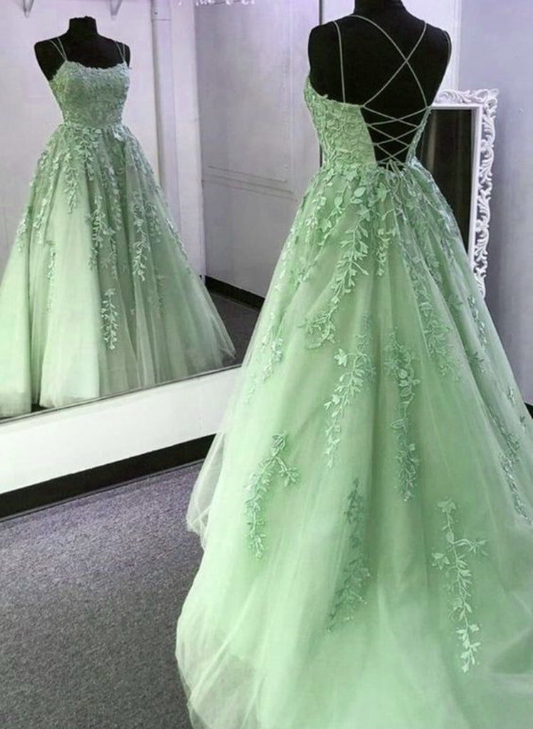 Sage Green Straps Tulle with Lace Train Long Prom Dress, Sage Green Pa