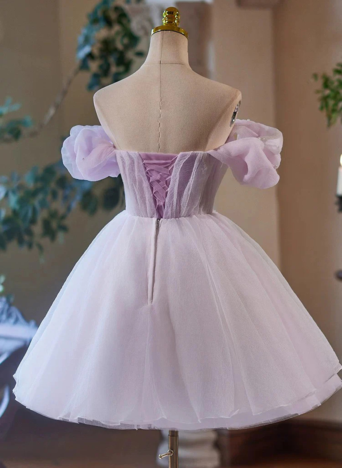 Cute Tulle Light Purple Off Shoulder Party Dress, Light Purple Homecom – Cutedressy