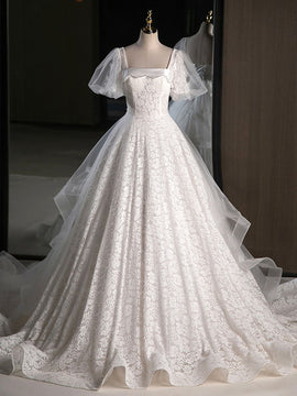 Elegant White Lace A-Line Wedding Party Dress with Puff Sleeves, White Lace Formal Gown