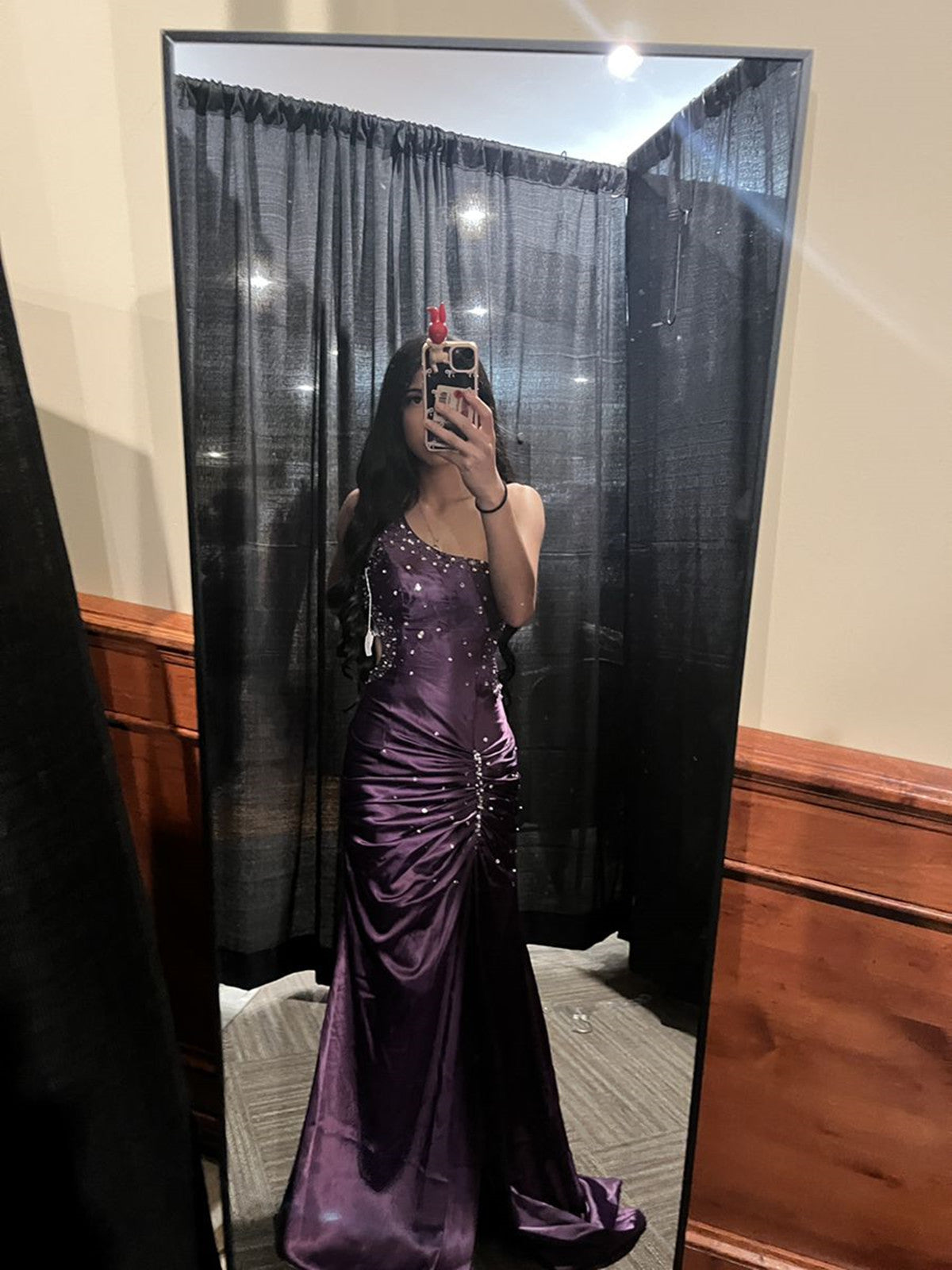 Purple Beaded One Shoulder Taffeta Long Party Dress, Purple Taffeta Mermaid Prom Dress