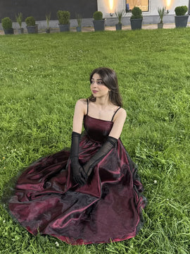 A-line Black and Red Simple Straps Long Prom Dress, Gothic Black and Red Evening Dress