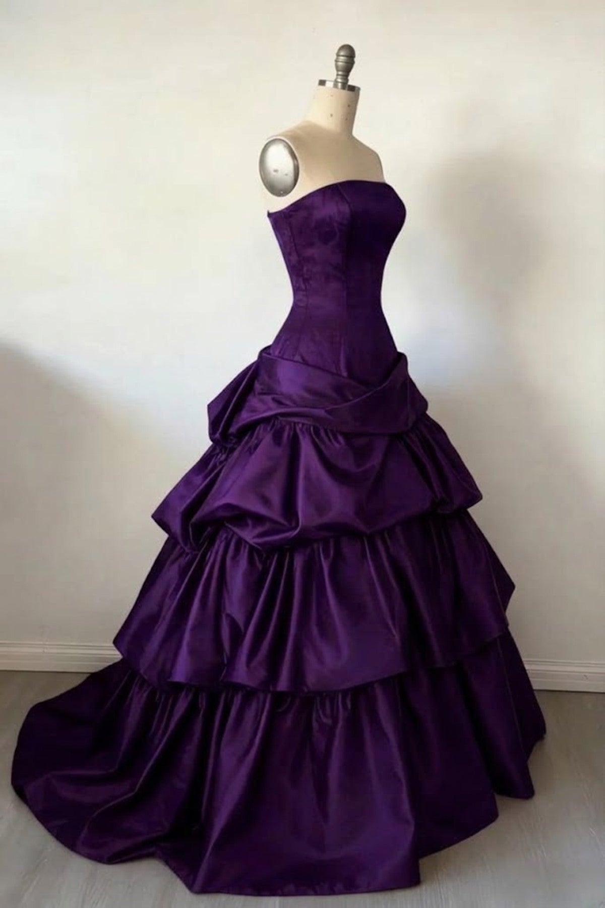 Purple Strapless Satin Layers Long Party Dress, Purple Satin Formal Dress Evening Dress