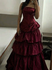 Wine Red Satin Strapless Layers Long Party Dress, Wine Red Satin Chic Long Prom Dress