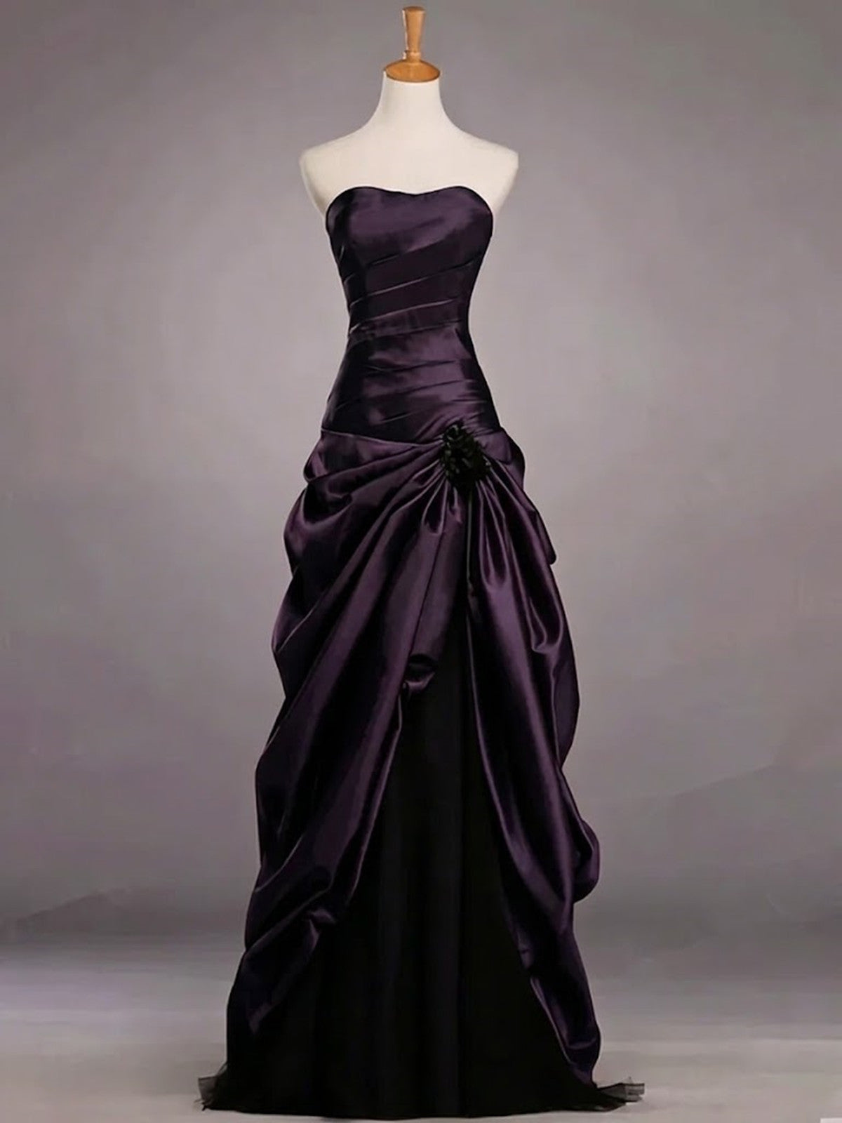 Charming Strapless Ruched Black and Purple Long Prom Dress, Gothic Formal Dress with Lace-Up