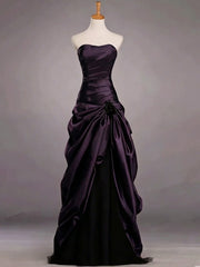 Charming Strapless Ruched Black and Purple Long Prom Dress, Gothic Formal Dress with Lace-Up