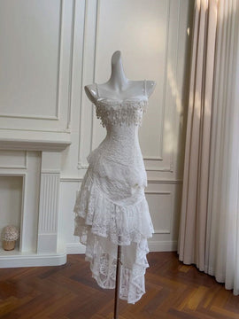 White Lace High Low Straps Party Dress, White Lace Short Prom Dress Formal Dress