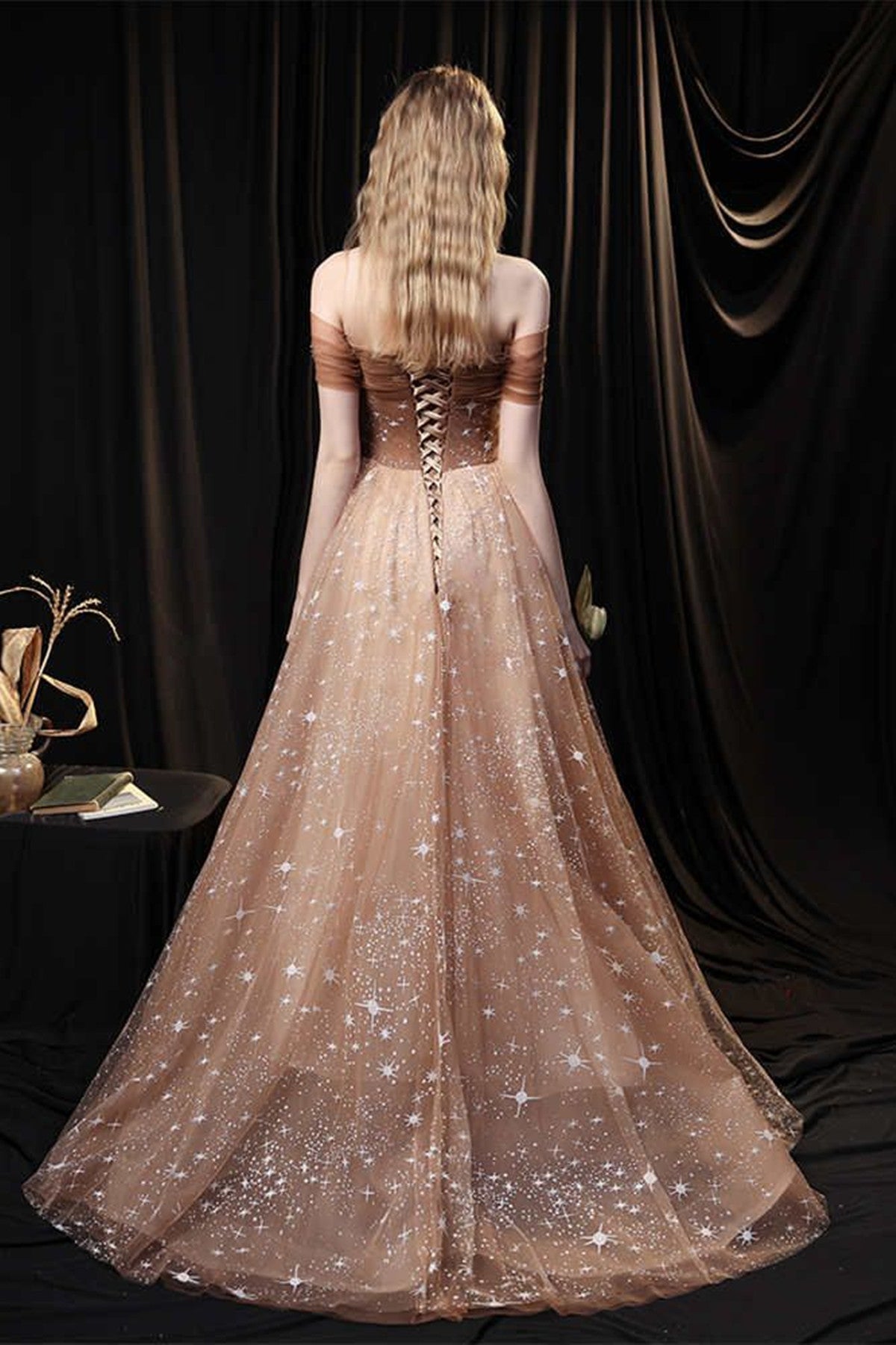 champagne beaded cocktail dress Luxury Champagne Beaded Glitter Sheer Cape Sleeve Mermaid Evening Dress SS538