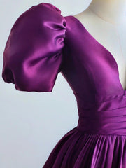Purple Satin Short Sleeves V-neckline Prom Dress, Purple Satin Evening Dress