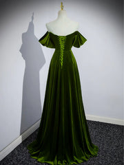 A-line Green Velvet Off Shoulder Long Party Dress, Green Velvet Prom Dress Formal Dress