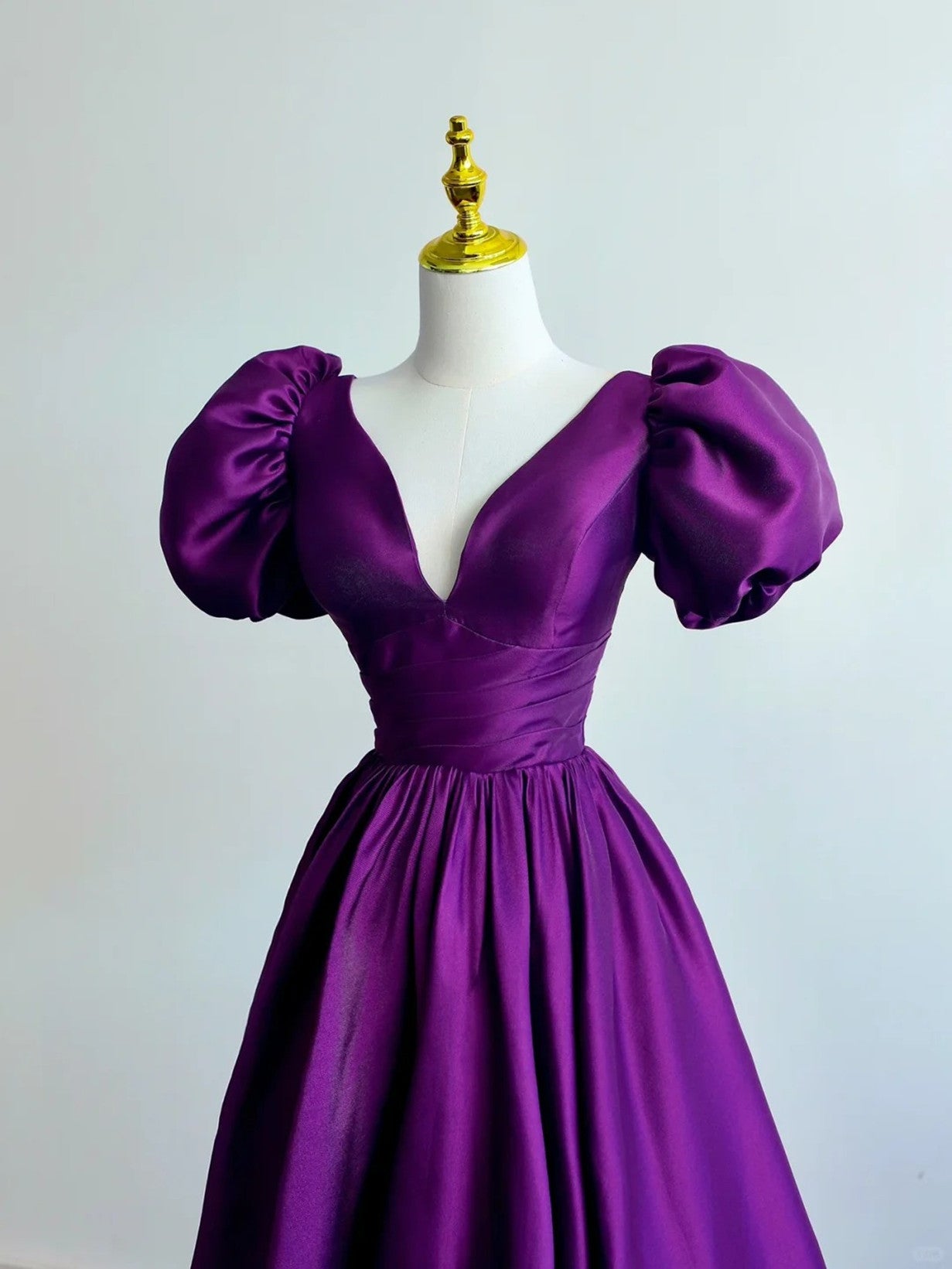 Purple Satin Short Sleeves V-neckline Prom Dress, Purple Satin Evening Cutedressy Purple Satin Short Sleeves V-neckline Prom Dress, Purple Satin Evening Cutedressy