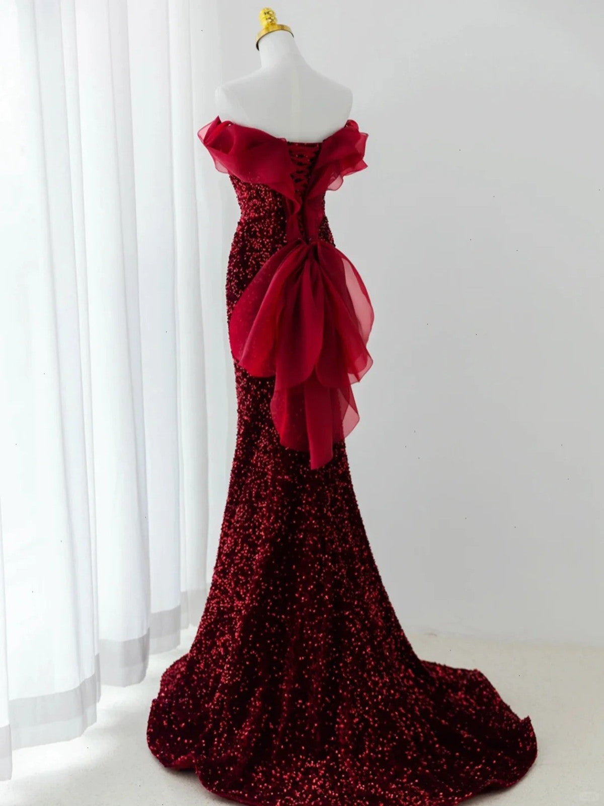 Wine Red Sequins Mermaid Long Party Dress, Off Shoulder Sweetheart Prom Dress