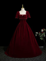 Wine Red Velvet Short Sleeves A-line Prom Dress, Wine Red Velvet Long Evening Dress