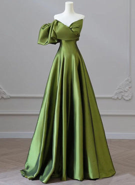 Green Satin Long One Shoulder Party Dress, Green A-line Satin Prom Dress