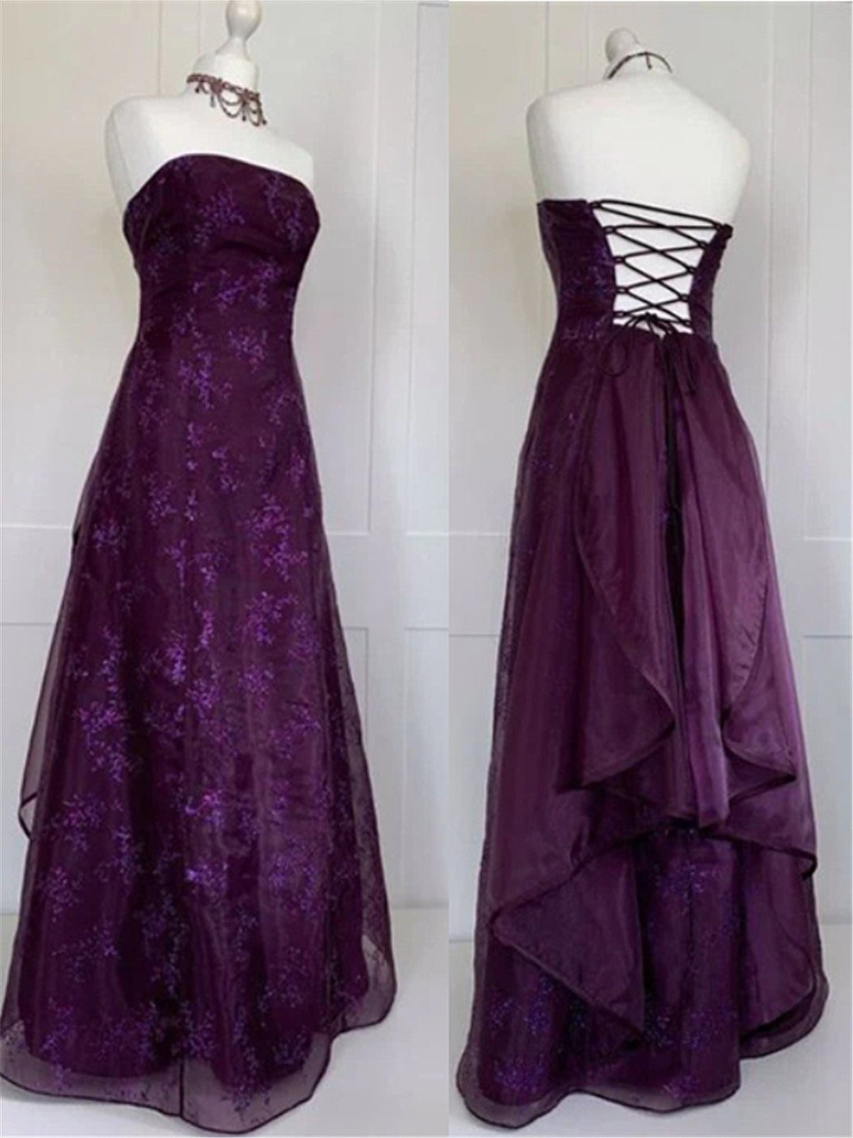 Gothic Purple Strapless A-Line Formal Gown, Floral Lace Long Prom Dress Party Dress