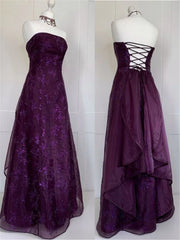 Gothic Purple Strapless A-Line Formal Gown, Floral Lace Long Prom Dress Party Dress