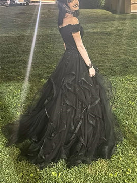 A-line Black Tulle with Lace Applique Party Dress, Black Sweetheart Evening Dress Prom Dress