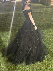 A-line Black Tulle with Lace Applique Party Dress, Black Sweetheart Evening Dress Prom Dress