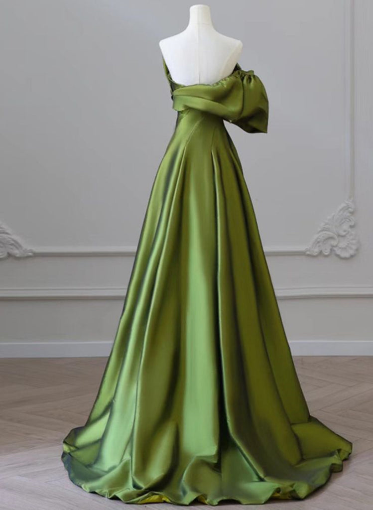 Green Satin Long One Shoulder Party Dress, Green A-line Satin Prom Dre ...