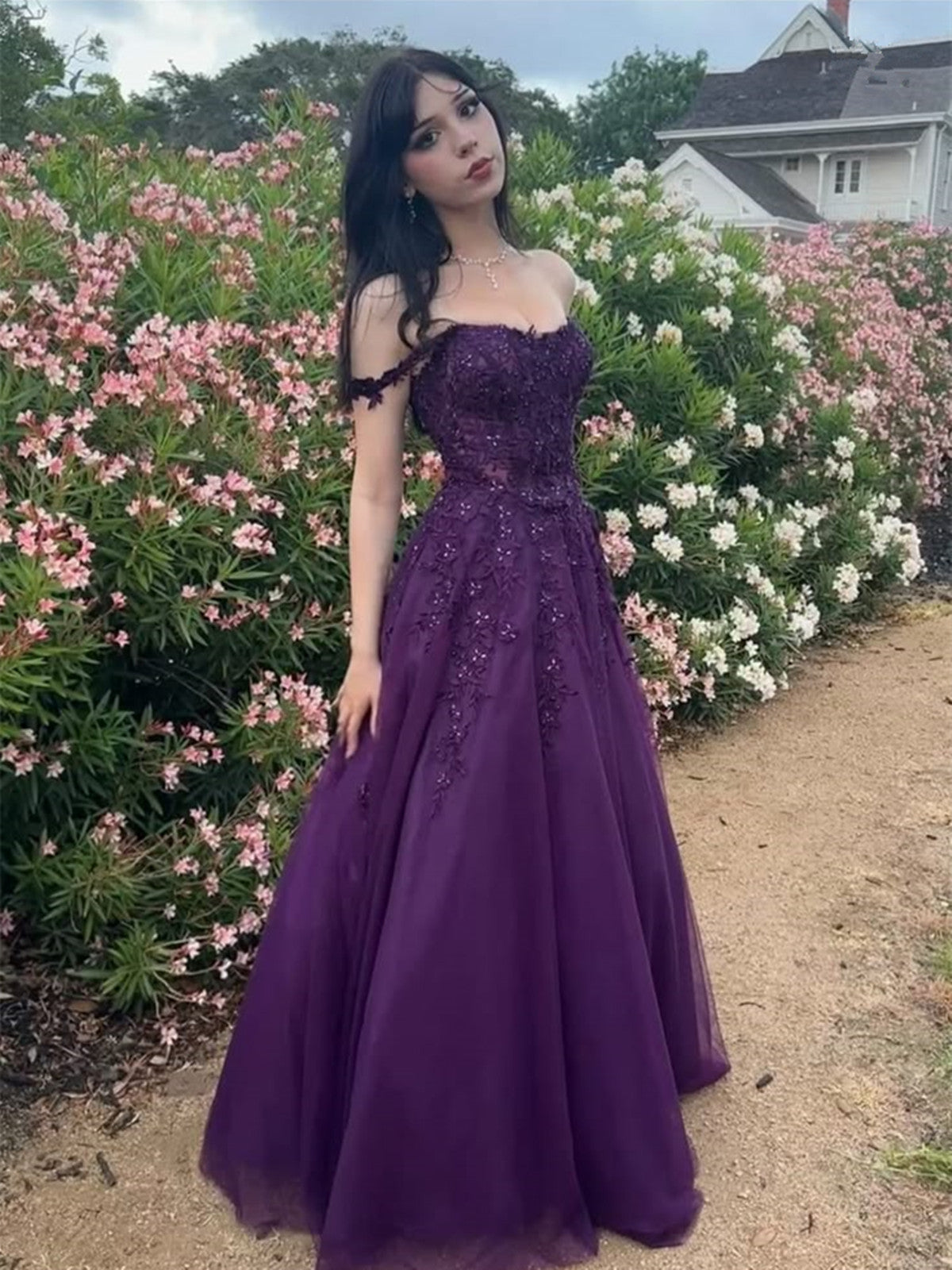 A-line Purple Tulle with Lace Applique Long Formal Dress, Purple Sweetheart Party Dress Evening Dress
