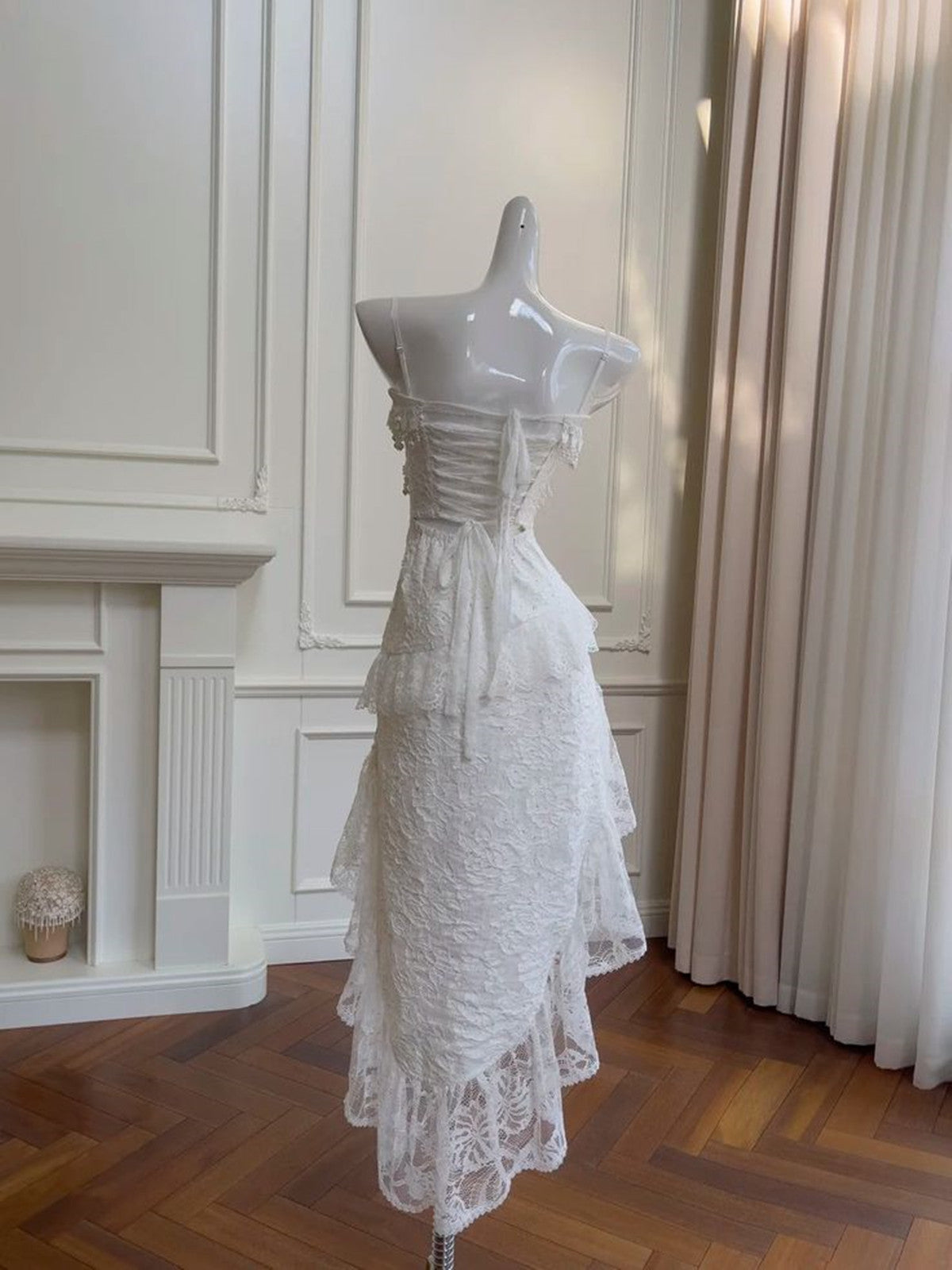 White Lace High Low Straps Party Dress, White Lace Short Prom Dress Formal Dress