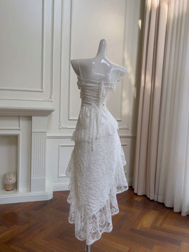 White Lace High Low Straps Party Dress, White Lace Short Prom Dress Formal Dress