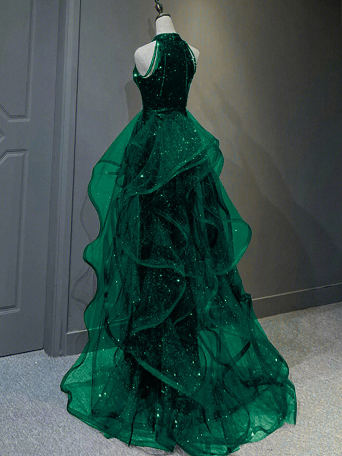 Chic Green Sequins With Tulle Long Party Dress, Green Beaded Halter Evening Dress