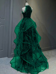 Chic Green Sequins With Tulle Long Party Dress, Green Beaded Halter Evening Dress