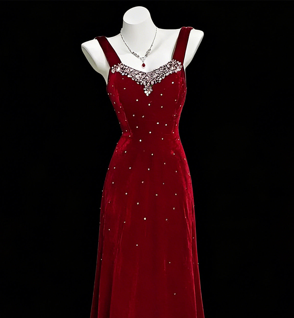 Wine Red Beaded A-line Velvet Straps Prom Dress, Wine Red Velvet Party Dress 