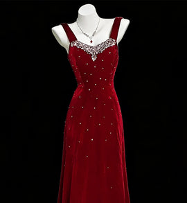 Wine Red Beaded A-line Velvet Straps Prom Dress, Wine Red Velvet Party Dress 