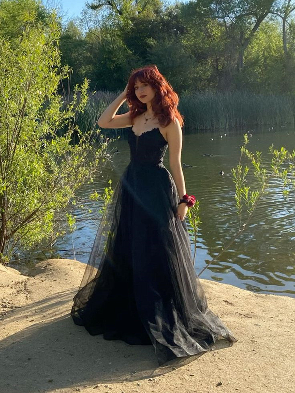Black A-line Tulle with Lace Applique Floor Length Party Dress, Black Strapless Tulle Prom Dress