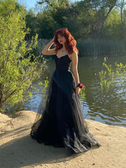 Black A-line Tulle with Lace Applique Floor Length Party Dress, Black Strapless Tulle Prom Dress