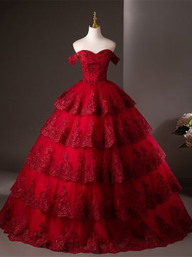 A-line Wine Red Tulle Layers with Lace Applique Formal Dress, Wine Red Sweet 16 Dress