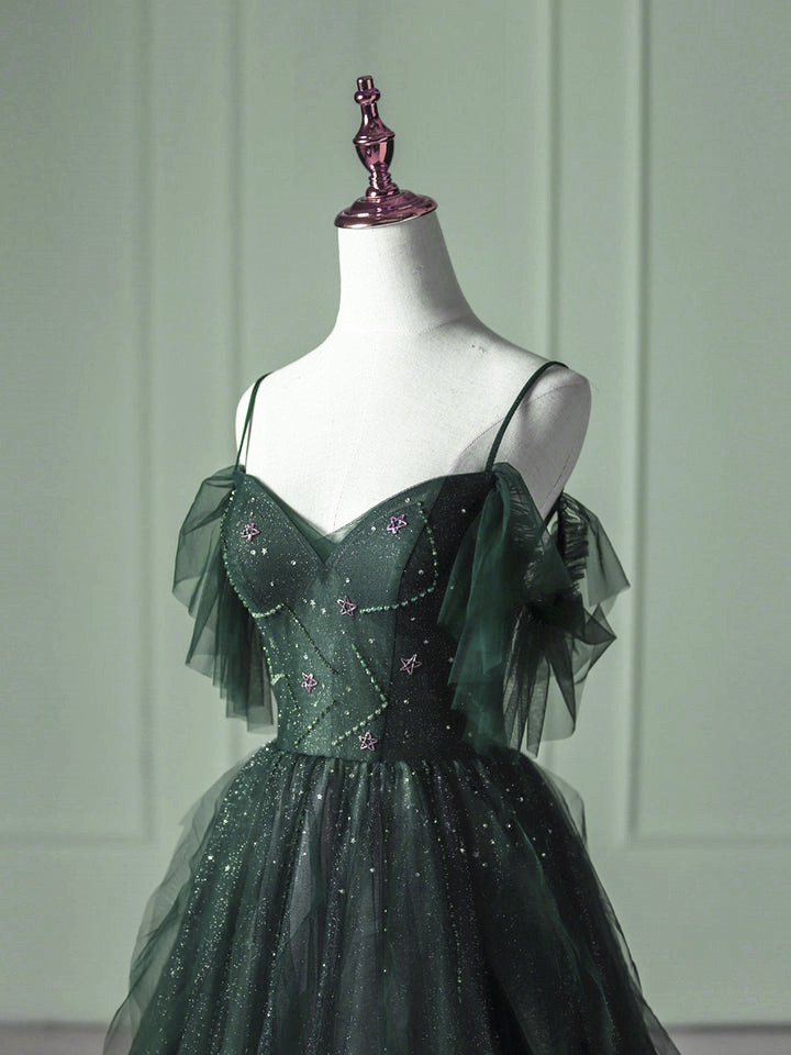 Green Tulle with Beadings Sweetheart Floor Length Party Dress, Green Long Formal Dress