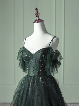 Green Gradient Tulle Beaded Sweetheart Long Formal Dress, Green Straps Party Dress