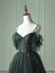 Green Gradient Tulle Beaded Sweetheart Long Formal Dress, Green Straps Party Dress