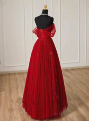 Wine Red Tulle Sweetheart Off Shoulder Prom Dress, Wine Red Long Party Dress