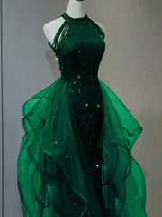 Chic Green Sequins With Tulle Long Party Dress, Green Beaded Halter Evening Dress