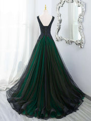 Charming Black and Green V-neckline Tulle Party Dress, Black and Green Lace Prom Dress