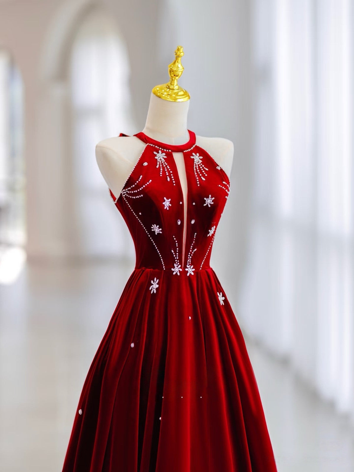 Wine Red Velvet Beaded Halter A-line Party Dress, Wine Red Velvet Long Formal Dress